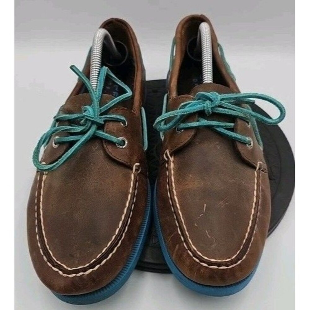Sperry Top-Sider Men’s Boat Shoes 10 M Brown Leather Lace Up Blue Sole